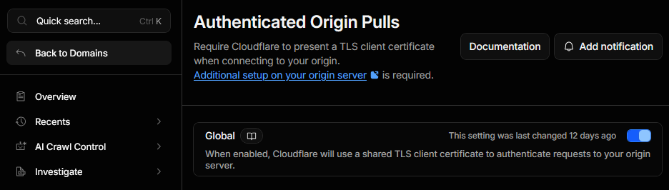 Cloudflare Authenticated Origin Pulls with the Global toggle enabled, using a shared TLS client certificate to authenticate requests to the origin